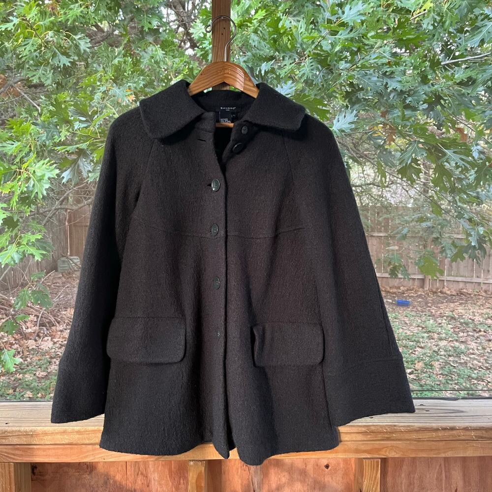Sandro Women's 100% Boiled Wool Dark Green Grey Coat Size PL